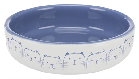 Kattskål för kortnosiga, keramik,0.3 l/ø 15 cm, lj.blå/vit