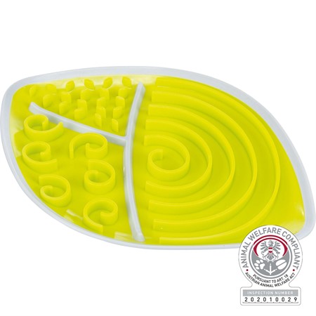 Lick'n'Snack platta, lövformad, TPR/PP, 28 × 21 cm, lime/ljusgrå