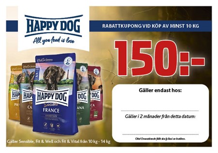 Happy Dog rabattkupong 150kr (styckevis ej ark!)